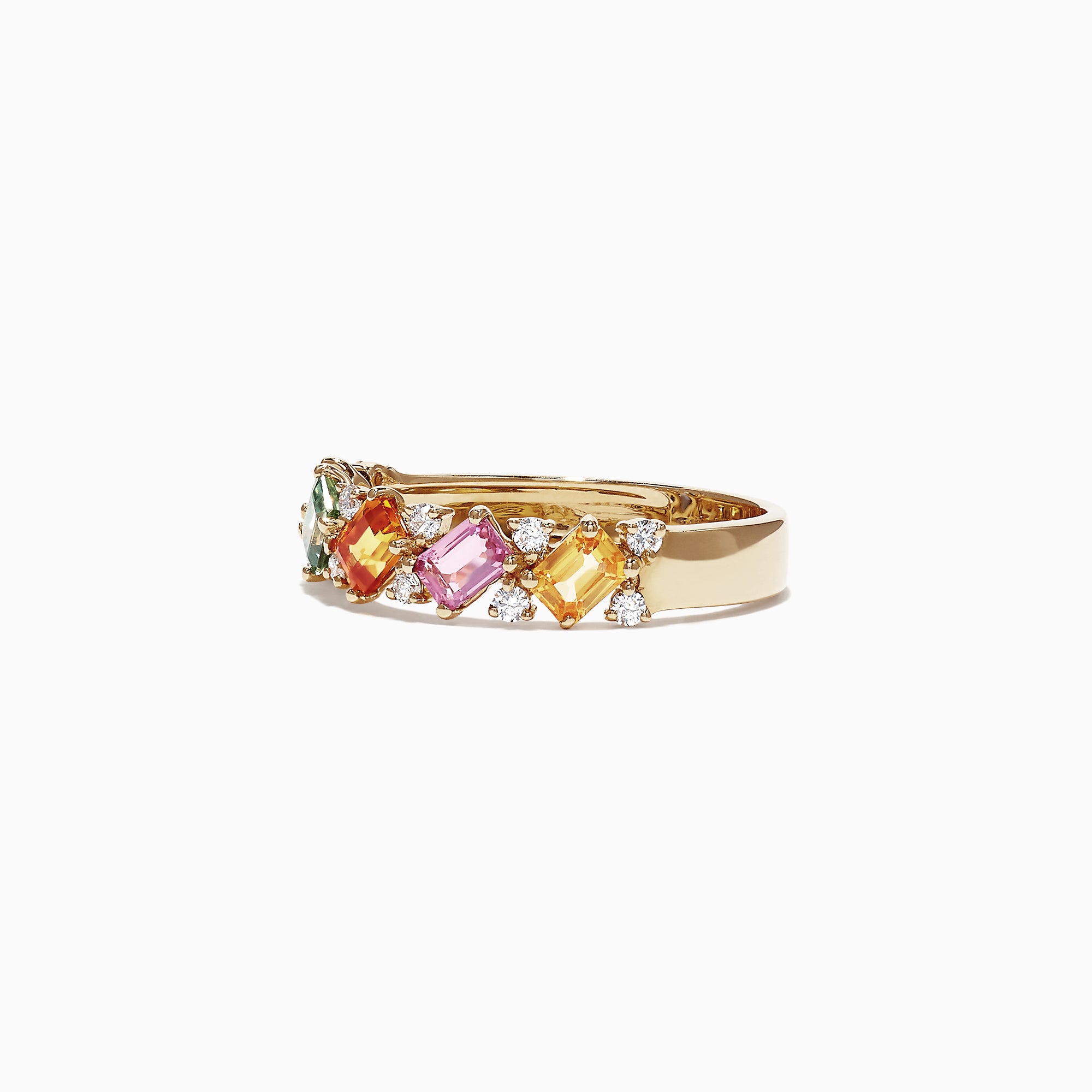 The Watercolors 14K Yellow Gold Multi-Sapphire Diamond Ring, 1.52 TCW, showcases a row of rectangular blue, green, yellow, orange, and pink sapphires with diamond accents, displayed on a white background.
