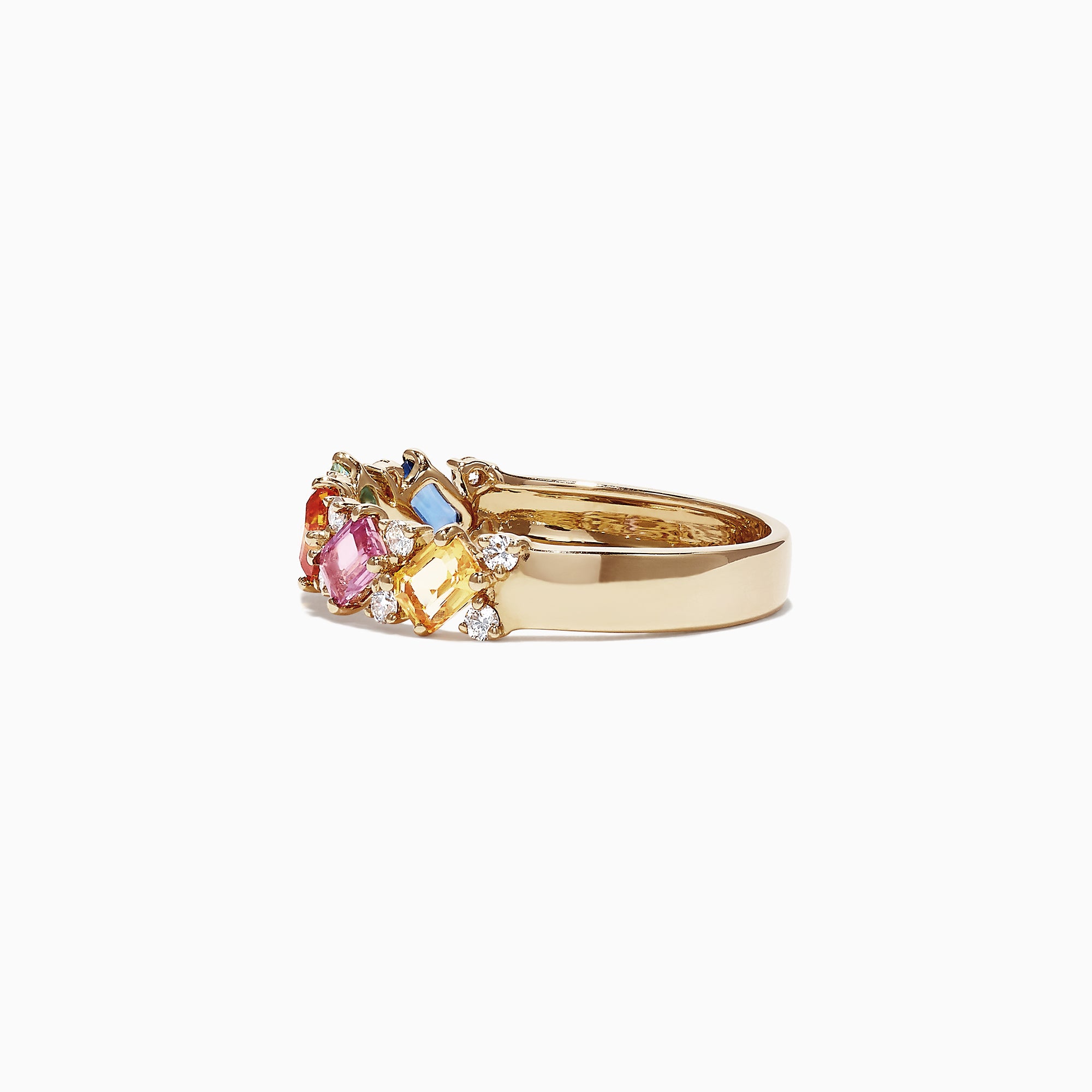 The Watercolors 14K Yellow Gold Multi-Sapphire Diamond Ring, 1.52 TCW, showcases a row of rectangular blue, green, yellow, orange, and pink sapphires with diamond accents, displayed on a white background.