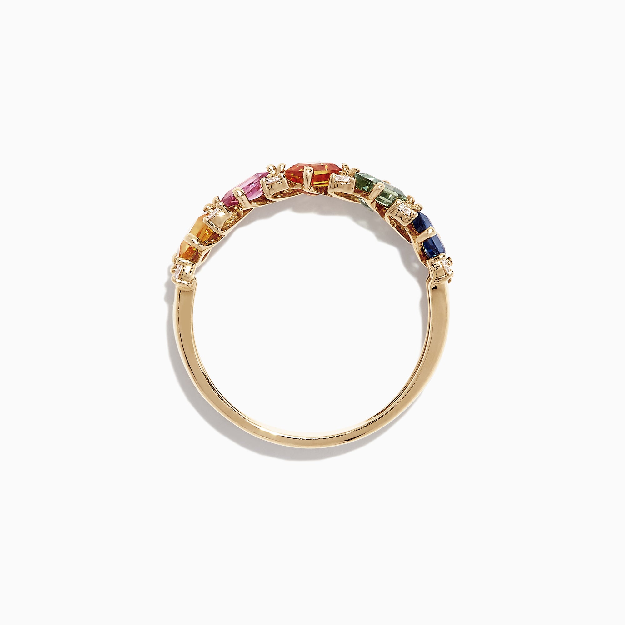 The Watercolors 14K Yellow Gold Multi-Sapphire Diamond Ring, 1.52 TCW, showcases a row of rectangular blue, green, yellow, orange, and pink sapphires with diamond accents, displayed on a white background.
