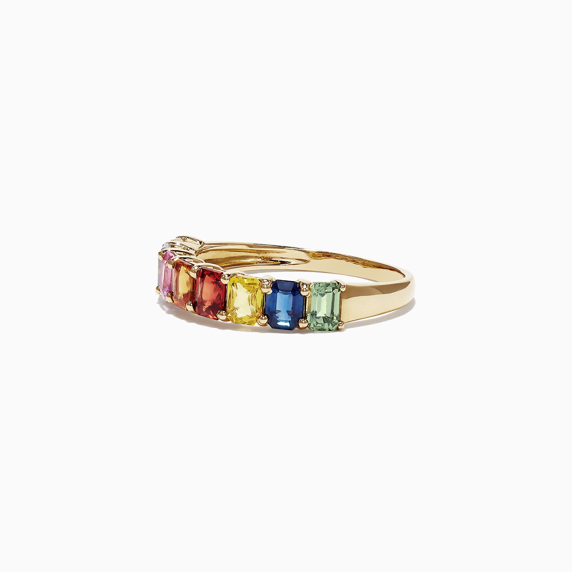 The Watercolors 14K Yellow Gold Multi-Sapphire Band Ring, 2.06 TCW, features rectangular sapphires in rainbow hues—blue, purple, pink, red, orange, yellow, and green—set on a yellow gold band and shown against a white background.