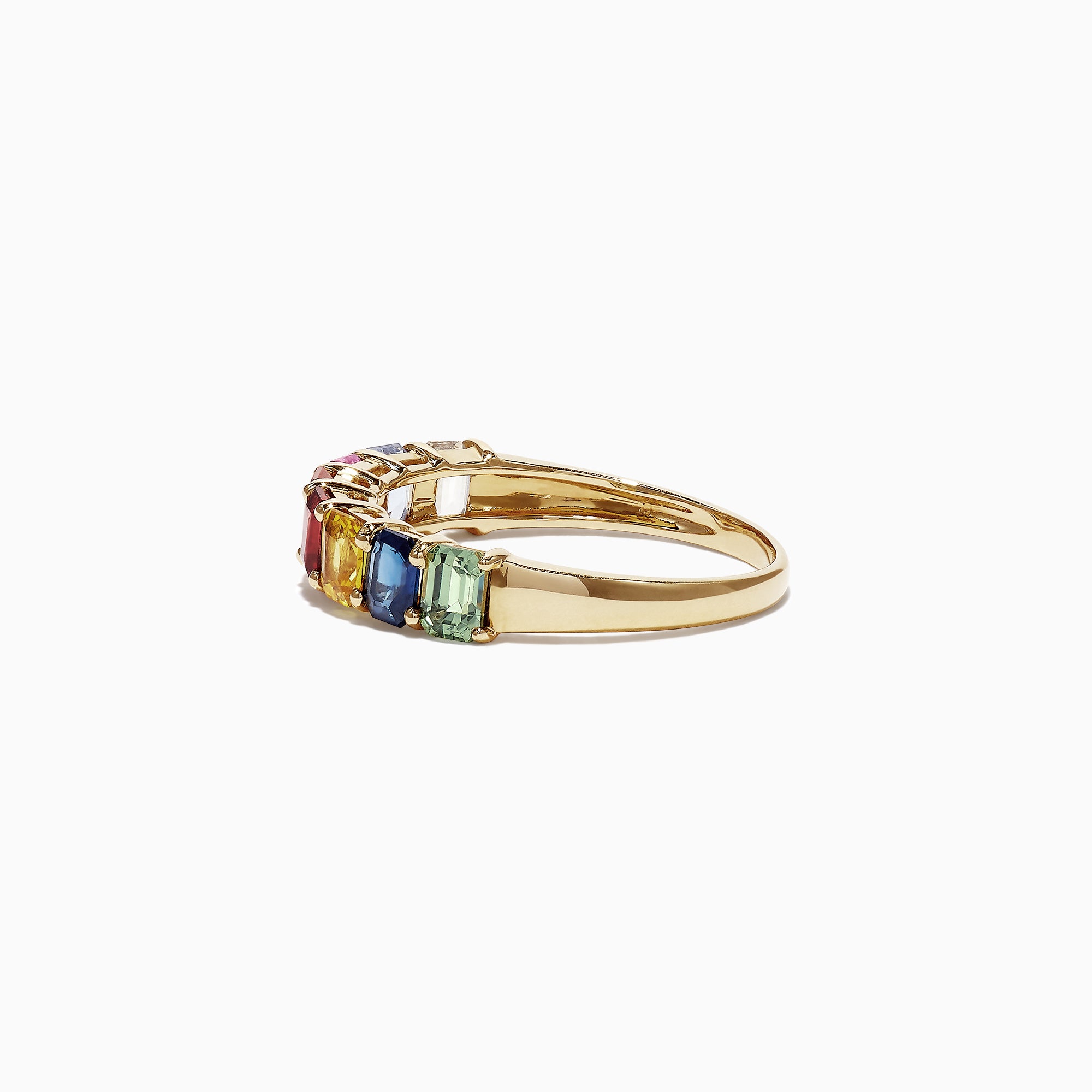 The Watercolors 14K Yellow Gold Multi-Sapphire Band Ring, 2.06 TCW, features rectangular sapphires in rainbow hues—blue, purple, pink, red, orange, yellow, and green—set on a yellow gold band and shown against a white background.