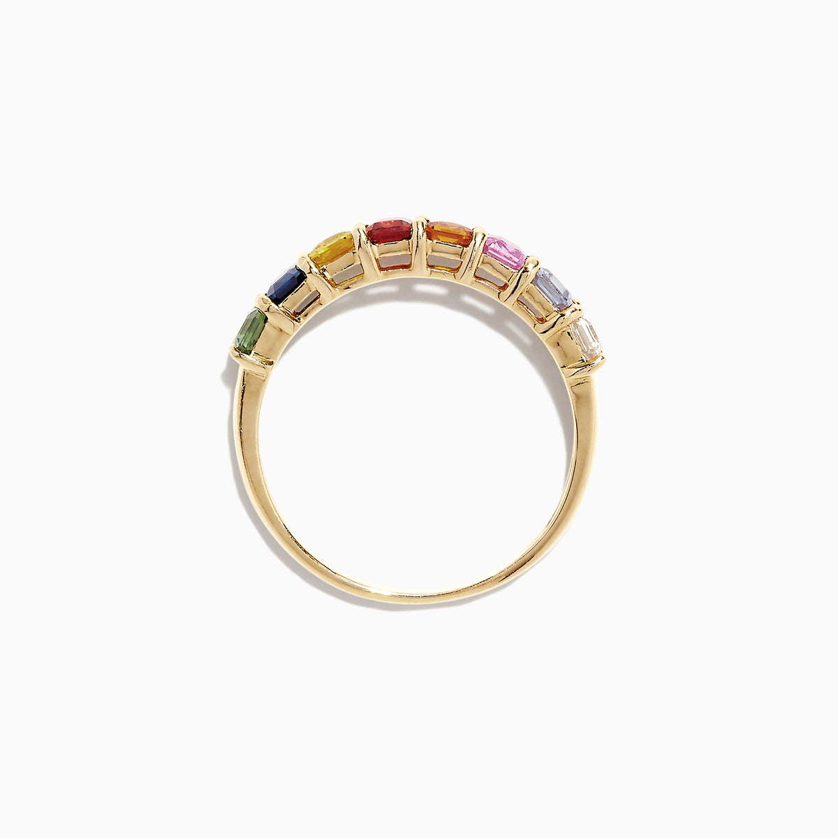 The Watercolors 14K Yellow Gold Multi-Sapphire Band Ring, 2.06 TCW, features rectangular sapphires in rainbow hues—blue, purple, pink, red, orange, yellow, and green—set on a yellow gold band and shown against a white background.