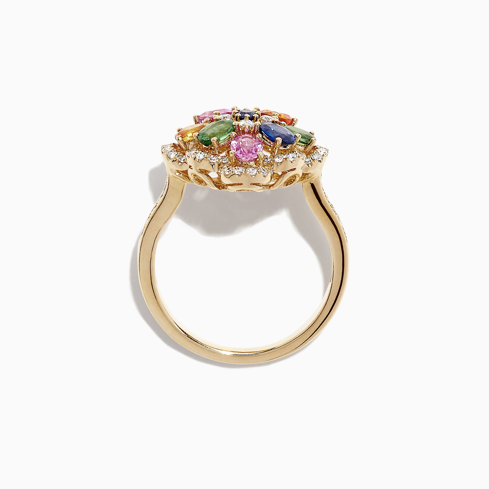 The Watercolors 14K Gold Multi Sapphire and Diamond Ring, 1.91 TCW, features a floral cluster of yellow, blue, pink, green, and orange sapphires with white diamond accents on the flower and band.