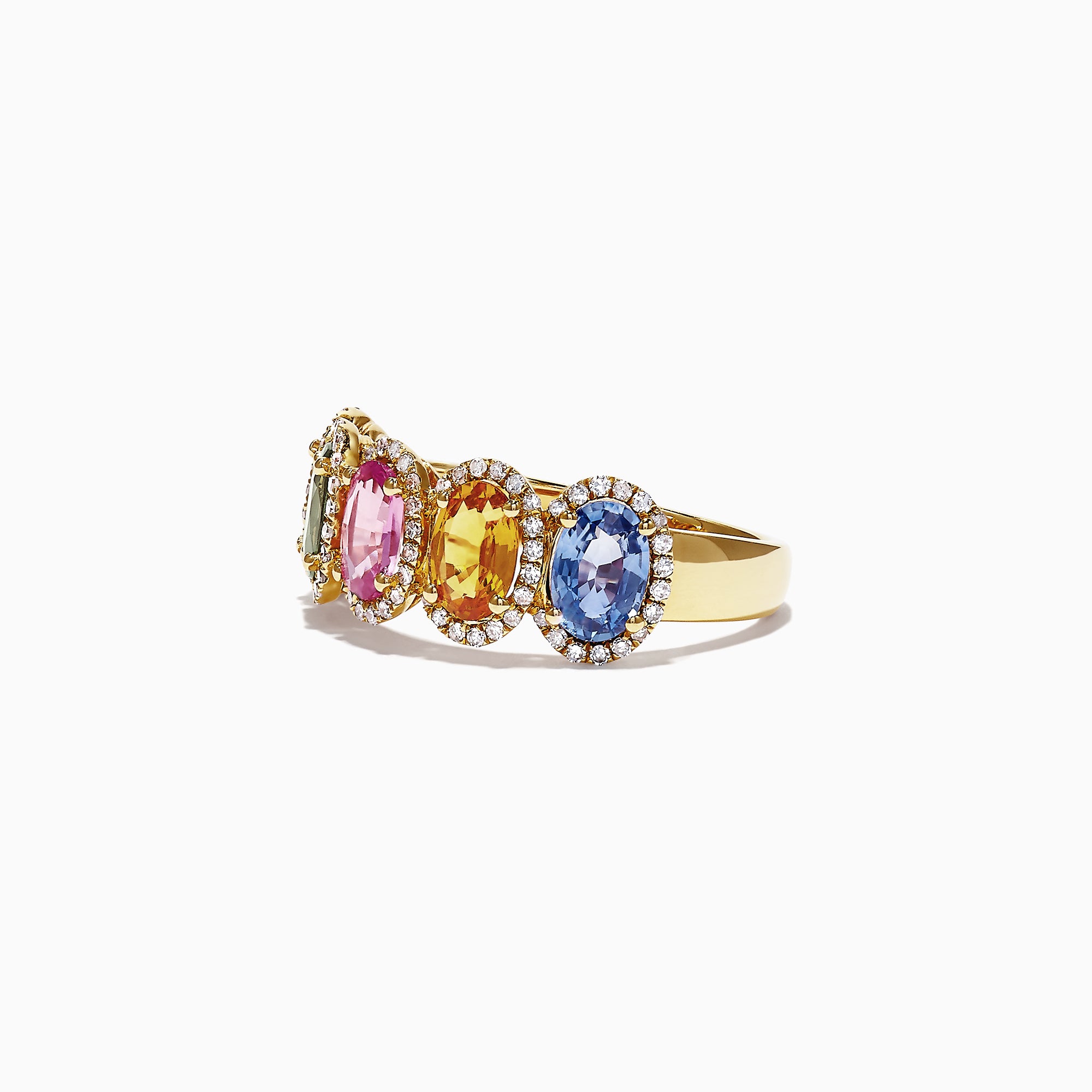 The Watercolors 14K Yellow Gold Multi-Sapphire Diamond Ring (2.81 TCW) showcases five oval sapphires in red, green, yellow, pink, and blue, each surrounded by diamonds and arranged in a row on a white background.