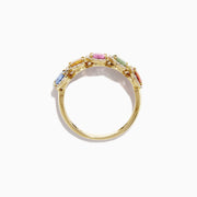 The Watercolors 14K Yellow Gold Multi-Sapphire Diamond Ring (2.81 TCW) showcases five oval sapphires in red, green, yellow, pink, and blue, each surrounded by diamonds and arranged in a row on a white background.