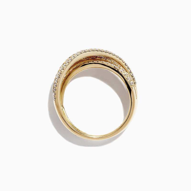 The Watercolors 14K Yellow Gold Multi Sapphire and Diamond Ring (2.05 TCW) showcases a crisscross design with two rows of diamonds and a central row of vibrant, square-cut multi-colored sapphires.
