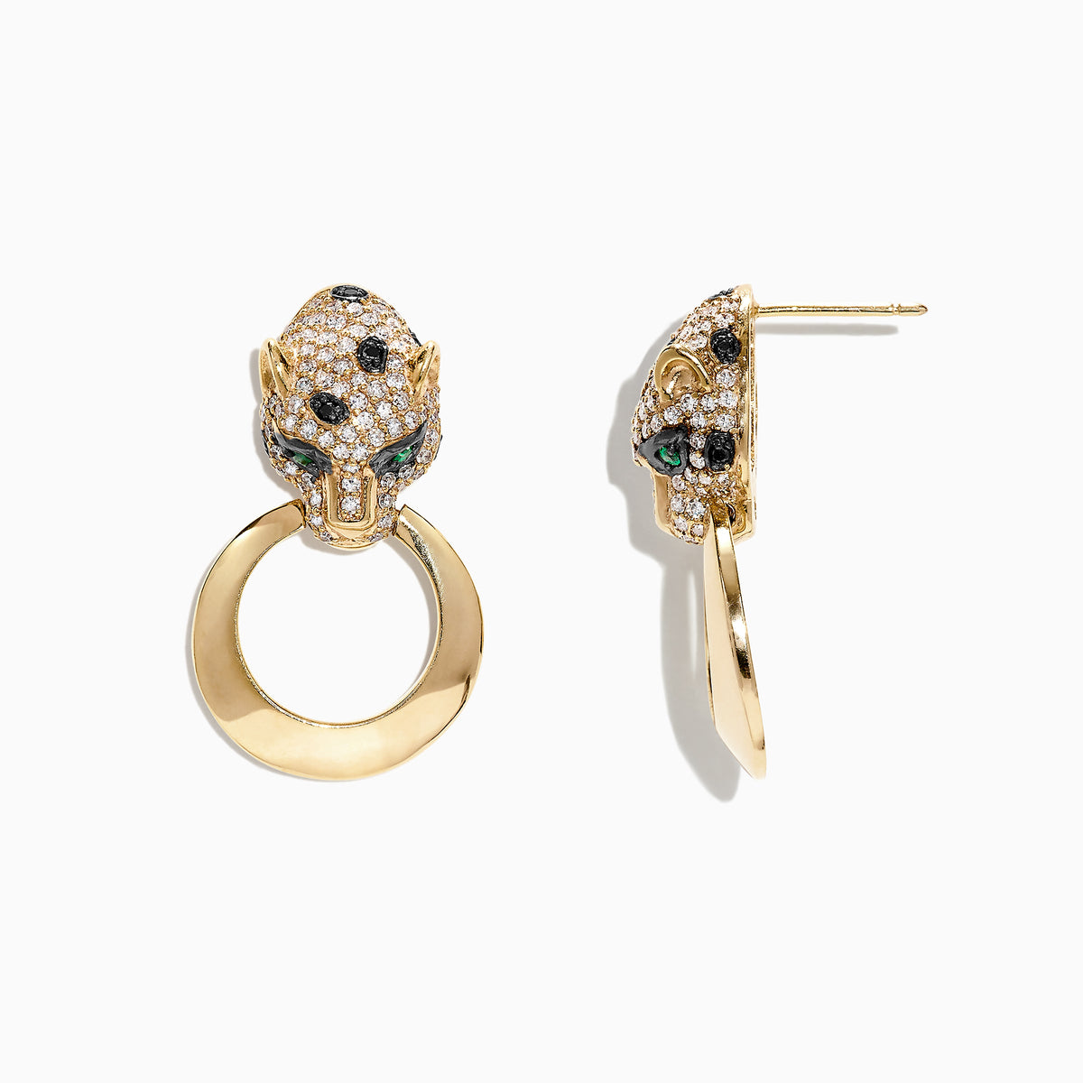 The Signature 14K Yellow Gold Diamond Emerald Panther Earrings, 0.93 TCW, feature leopard head designs with sparkling diamonds and green emerald eyes, each holding a smooth gold hoop in its mouth.
