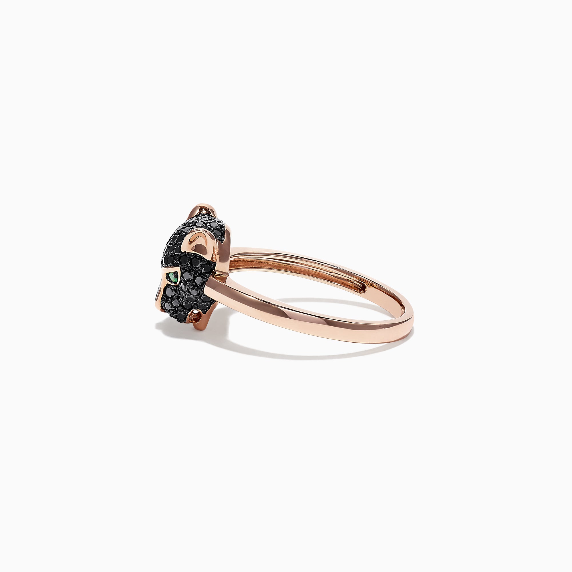 The Signature 14K Rose Gold Black Diamond & Emerald Mini Ring (0.46 TCW) features a panther head design with black diamonds and emerald eyes, shown against a white background.