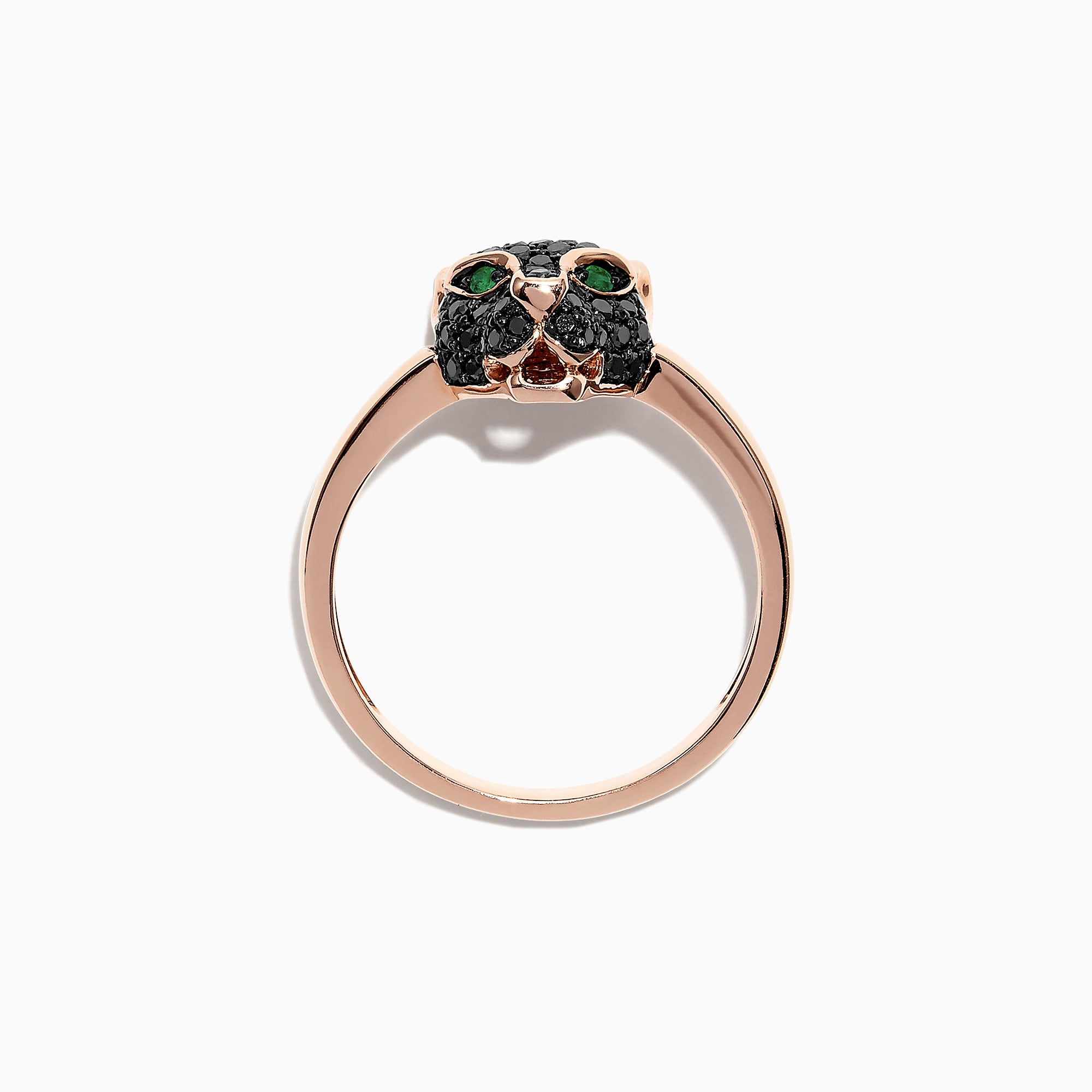 The Signature 14K Rose Gold Black Diamond & Emerald Mini Ring (0.46 TCW) features a panther head design with black diamonds and emerald eyes, shown against a white background.
