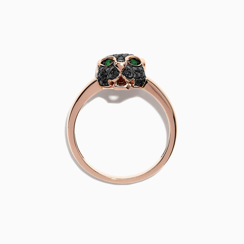The Signature 14K Rose Gold Black Diamond & Emerald Mini Ring (0.46 TCW) features a panther head design with black diamonds and emerald eyes, shown against a white background.