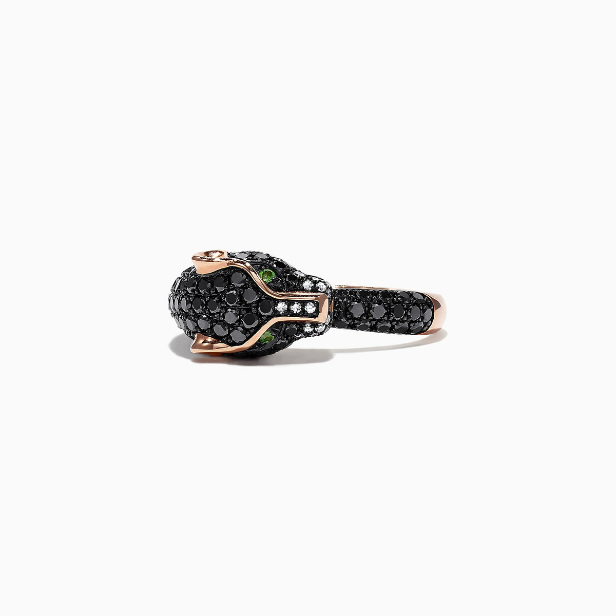 The Signature 14K Gold Black Diamond & Tsavorite Panther Ring, 1.75 TCW, features a sculpted panther head with black diamonds, green gem eyes, and white accents against a plain white background.