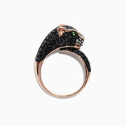 The Signature 14K Gold Black Diamond & Tsavorite Panther Ring, 1.75 TCW, features a sculpted panther head with black diamonds, green gem eyes, and white accents against a plain white background.