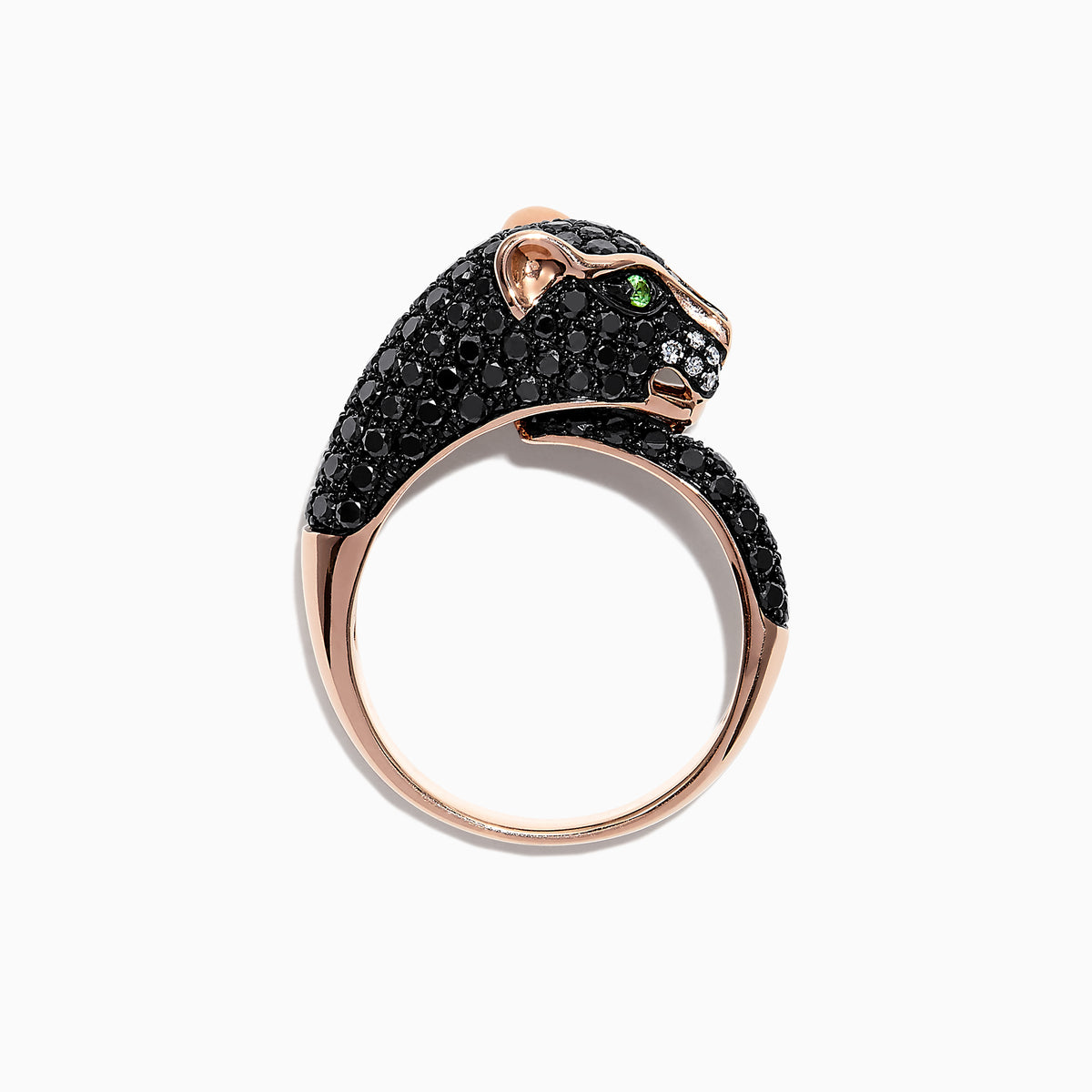 The Signature 14K Gold Black Diamond & Tsavorite Panther Ring, 1.75 TCW, features a sculpted panther head with black diamonds, green gem eyes, and white accents against a plain white background.