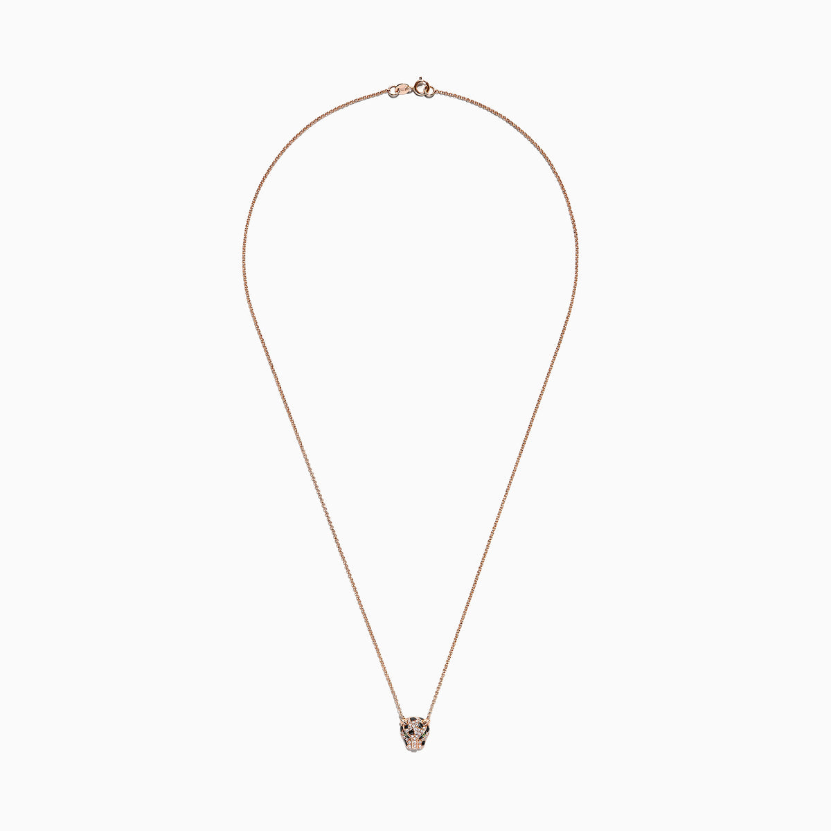The Signature 14K Rose Gold Diamond and Tsavorite Garnet Mini Pendant, 0.18 TCW, features a panther’s head with diamond accents and tsavorite garnet eyes, shown against a white background.