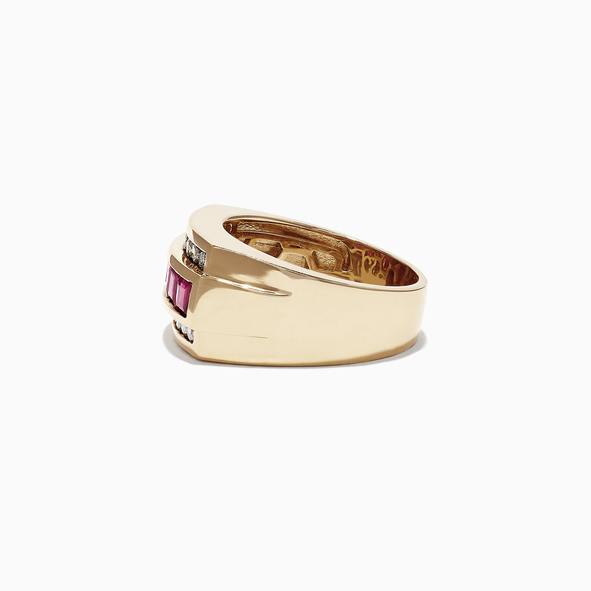 A striking Mens 14K Yellow Gold Diamond Ruby Ring, 2.59 TCW, features a row of square-cut rubies at its center, bordered above and below by two rows of round white diamonds for a bold and elegant look.