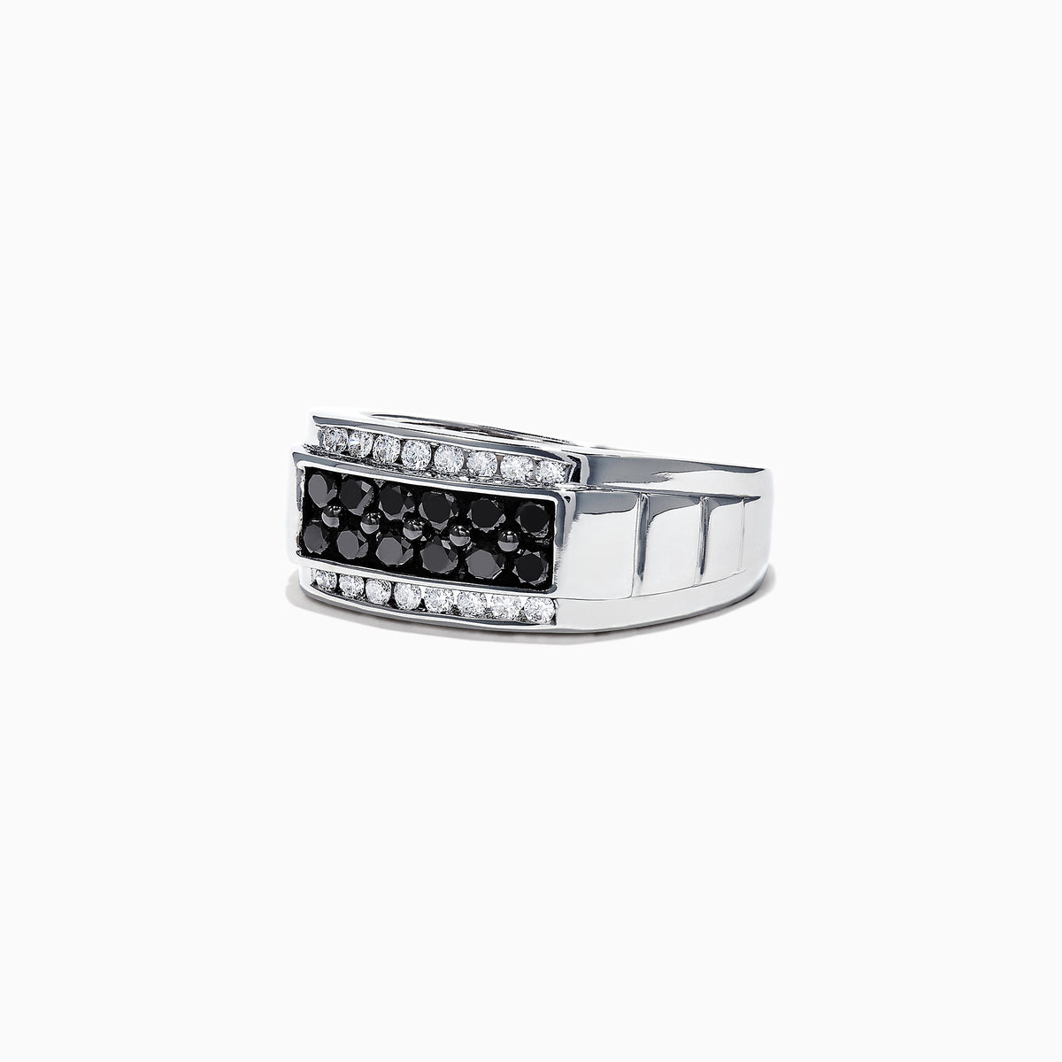 The Mens 14K White Gold Black and White Diamond Ring, 0.96 TCW, showcases a central row of black diamonds bordered by white diamonds in a rectangular design, all set on a polished white gold band.
