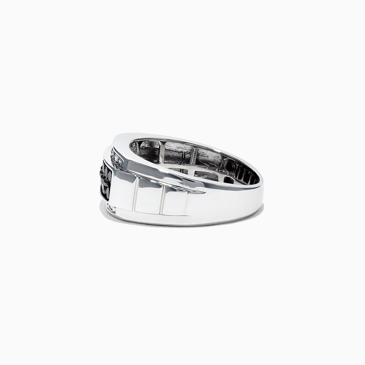 The Mens 14K White Gold Black and White Diamond Ring, 0.96 TCW, showcases a central row of black diamonds bordered by white diamonds in a rectangular design, all set on a polished white gold band.