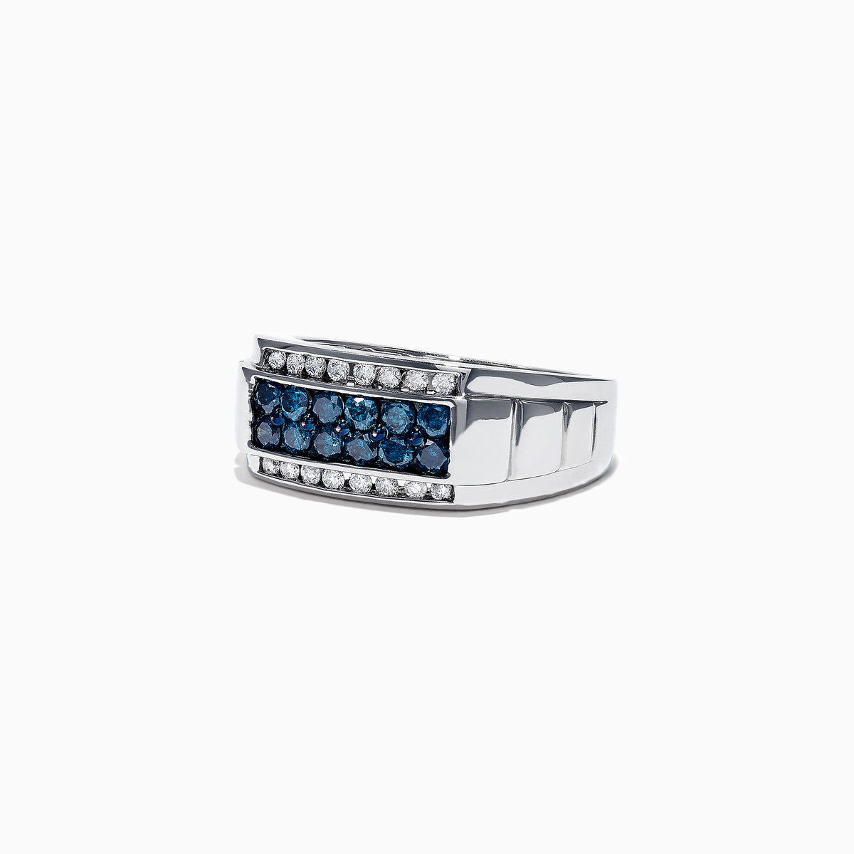 Mens 14K White Gold Blue and White Diamond Ring, 1.0 TCW, features a striking rectangular arrangement of blue stones framed by two rows of white diamonds on a sleek white gold band.
