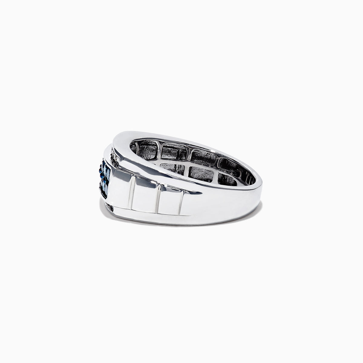 Mens 14K White Gold Blue and White Diamond Ring, 1.0 TCW, features a striking rectangular arrangement of blue stones framed by two rows of white diamonds on a sleek white gold band.