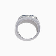 Mens 14K White Gold Blue and White Diamond Ring, 1.0 TCW, features a striking rectangular arrangement of blue stones framed by two rows of white diamonds on a sleek white gold band.