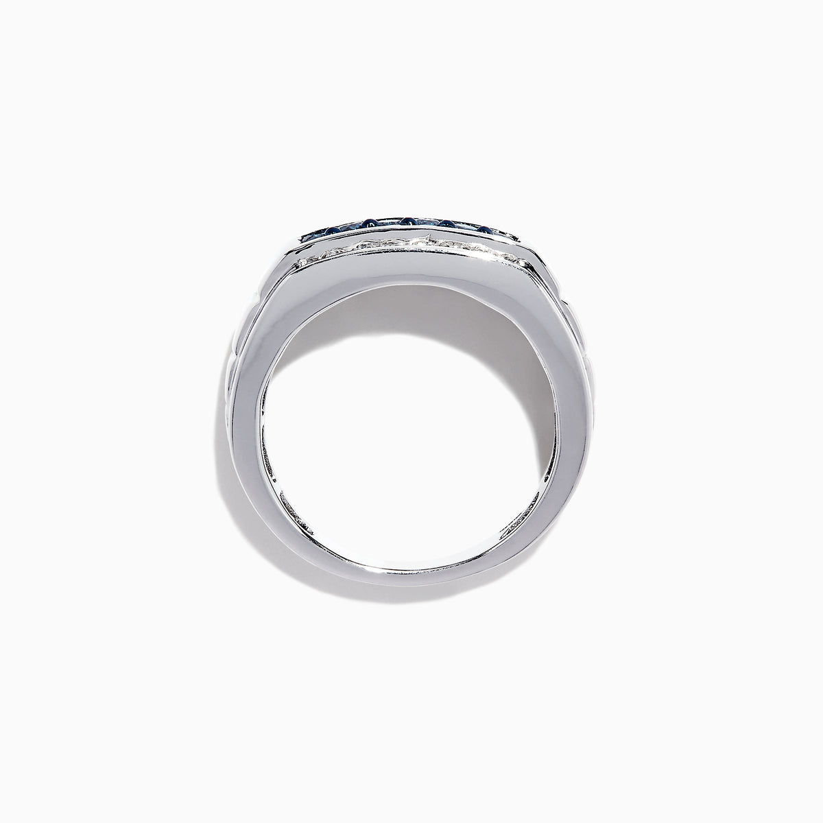 Mens 14K White Gold Blue and White Diamond Ring, 1.0 TCW, features a striking rectangular arrangement of blue stones framed by two rows of white diamonds on a sleek white gold band.