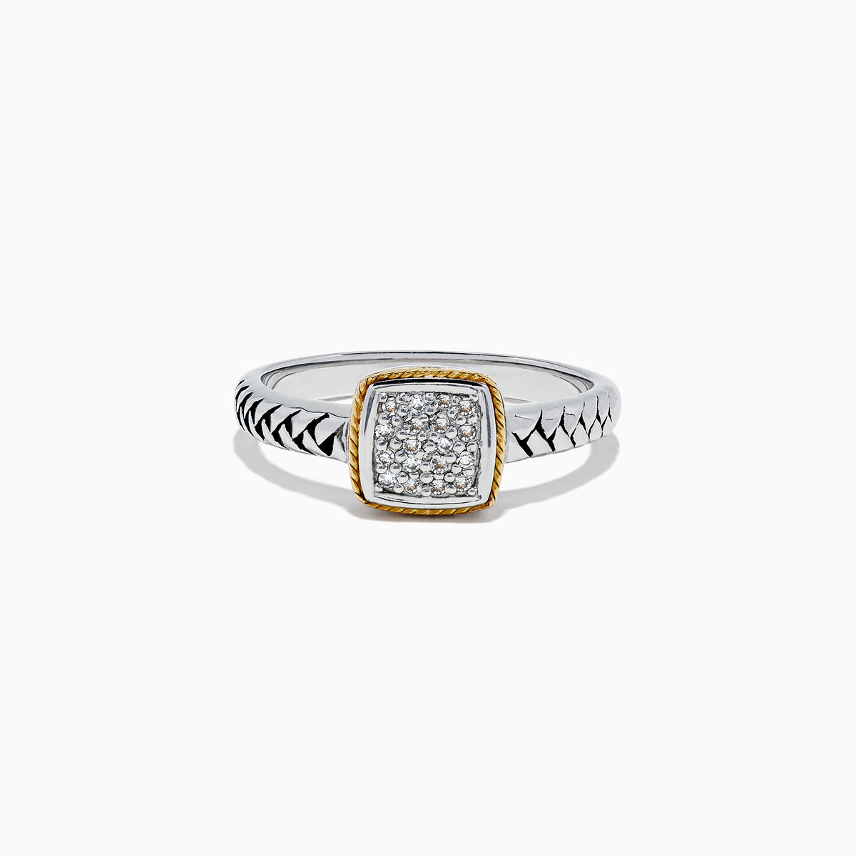 The 925 Sterling Silver & 18K Yellow Gold Accented Diamond Ring, 0.07, features a chevron-patterned band and a rectangular cluster of small diamonds in an 18K gold bezel, showcased against a white background.