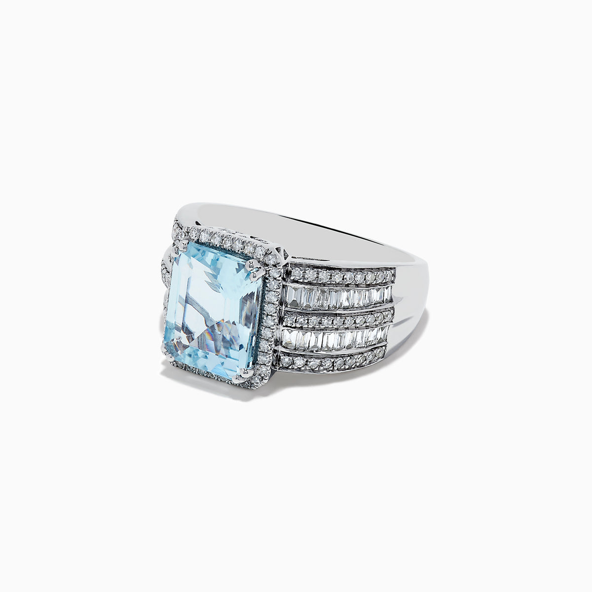 The Aquarius 14K White Gold Diamond and Aquamarine Ring showcases a large rectangular light blue aquamarine center stone, accented by multiple rows of clear baguette and round-cut diamonds along the band.