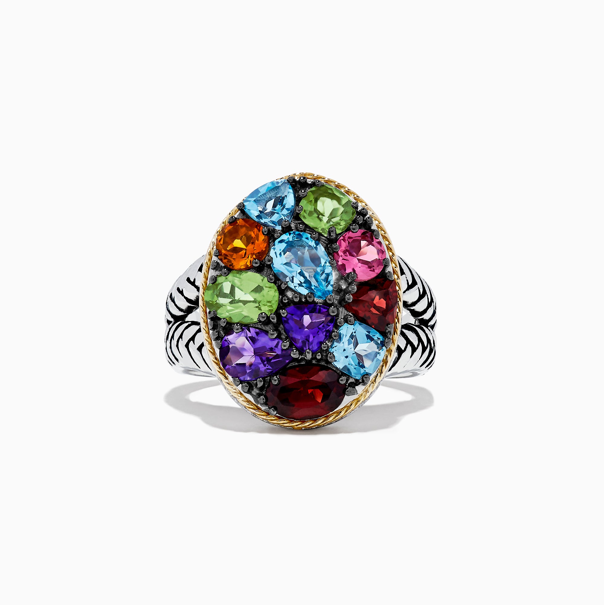 The 925 Sterling Silver and 18K Gold Accents Multi Gemstone Ring, 3.62 TCW, features a large oval face set with colorful gems in an intricate silver and gold band—a striking addition to any jewelry collection.