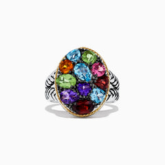 The 925 Sterling Silver and 18K Gold Accents Multi Gemstone Ring, 3.62 TCW, features a large oval face set with colorful gems in an intricate silver and gold band—a striking addition to any jewelry collection.