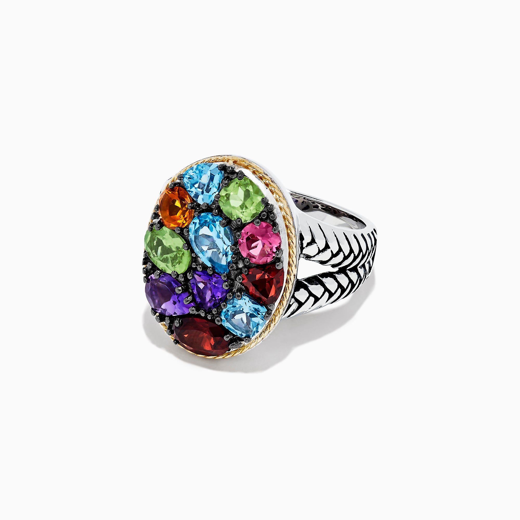 The 925 Sterling Silver and 18K Gold Accents Multi Gemstone Ring, 3.62 TCW, features a large oval face set with colorful gems in an intricate silver and gold band—a striking addition to any jewelry collection.