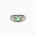 The 925 Sterling Silver and 18K Gold Green Amethyst Ring features a braided band, square-cut green amethyst center (1.75 TCW), and two 18K gold-toned accents flanking the stone.