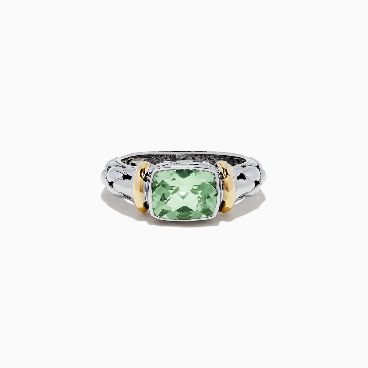 The 925 Sterling Silver and 18K Gold Green Amethyst Ring features a braided band, square-cut green amethyst center (1.75 TCW), and two 18K gold-toned accents flanking the stone.