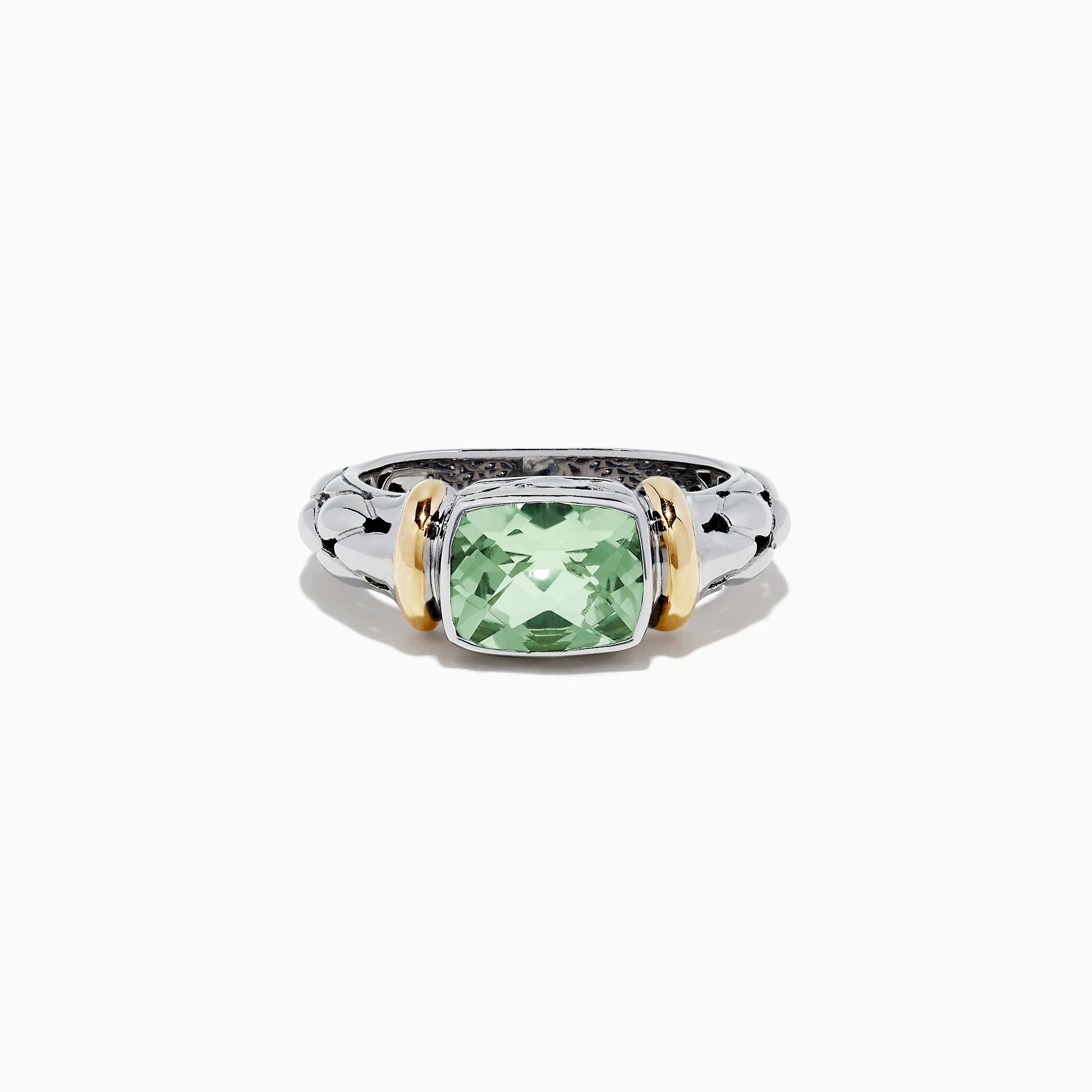 The 925 Sterling Silver and 18K Gold Green Amethyst Ring features a braided band, square-cut green amethyst center (1.75 TCW), and two 18K gold-toned accents flanking the stone.