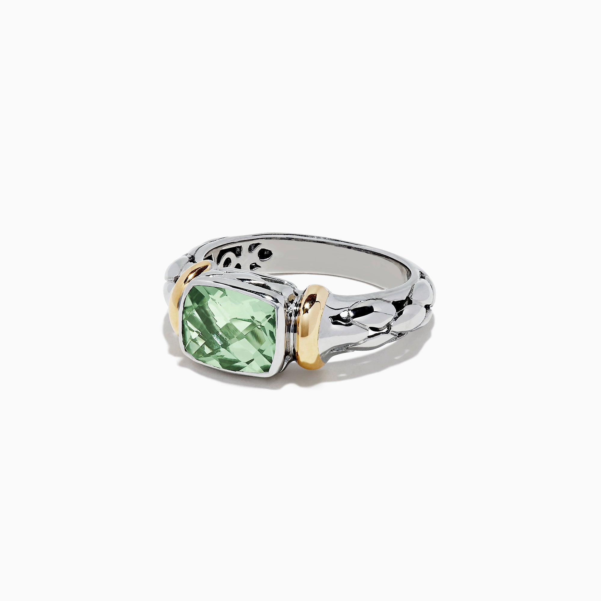 The 925 Sterling Silver and 18K Gold Green Amethyst Ring features a braided band, square-cut green amethyst center (1.75 TCW), and two 18K gold-toned accents flanking the stone.