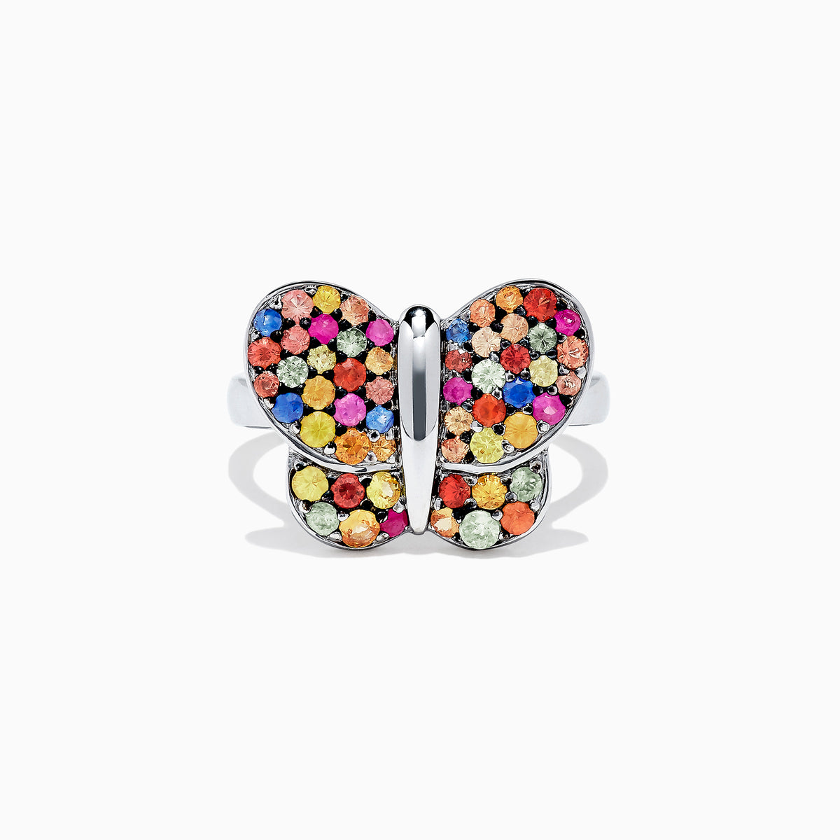 The 925 Sterling Silver Multi Sapphire Splash Butterfly Ring, 1.29 TCW, features wings adorned with vibrant red, yellow, orange, blue, and green sapphires.