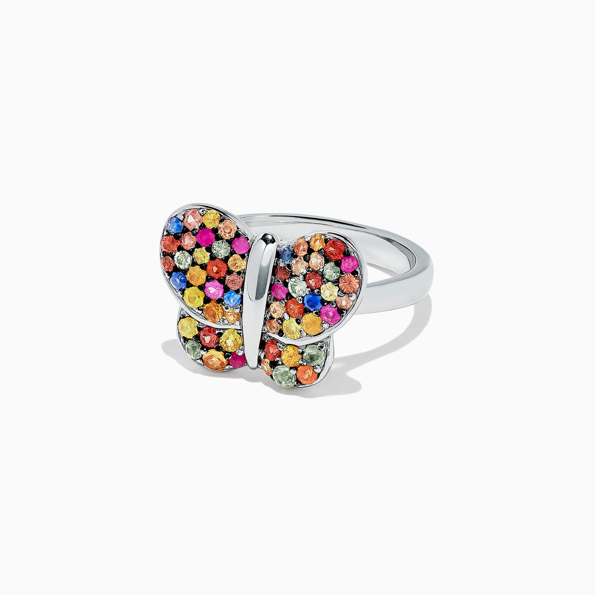 The 925 Sterling Silver Multi Sapphire Splash Butterfly Ring, 1.29 TCW, features wings adorned with vibrant red, yellow, orange, blue, and green sapphires.