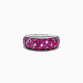 The 925 Sterling Silver Pink Sapphire Splash Ring, 2.43 TCW, features three rows of small, round pink sapphires set closely together around the band.