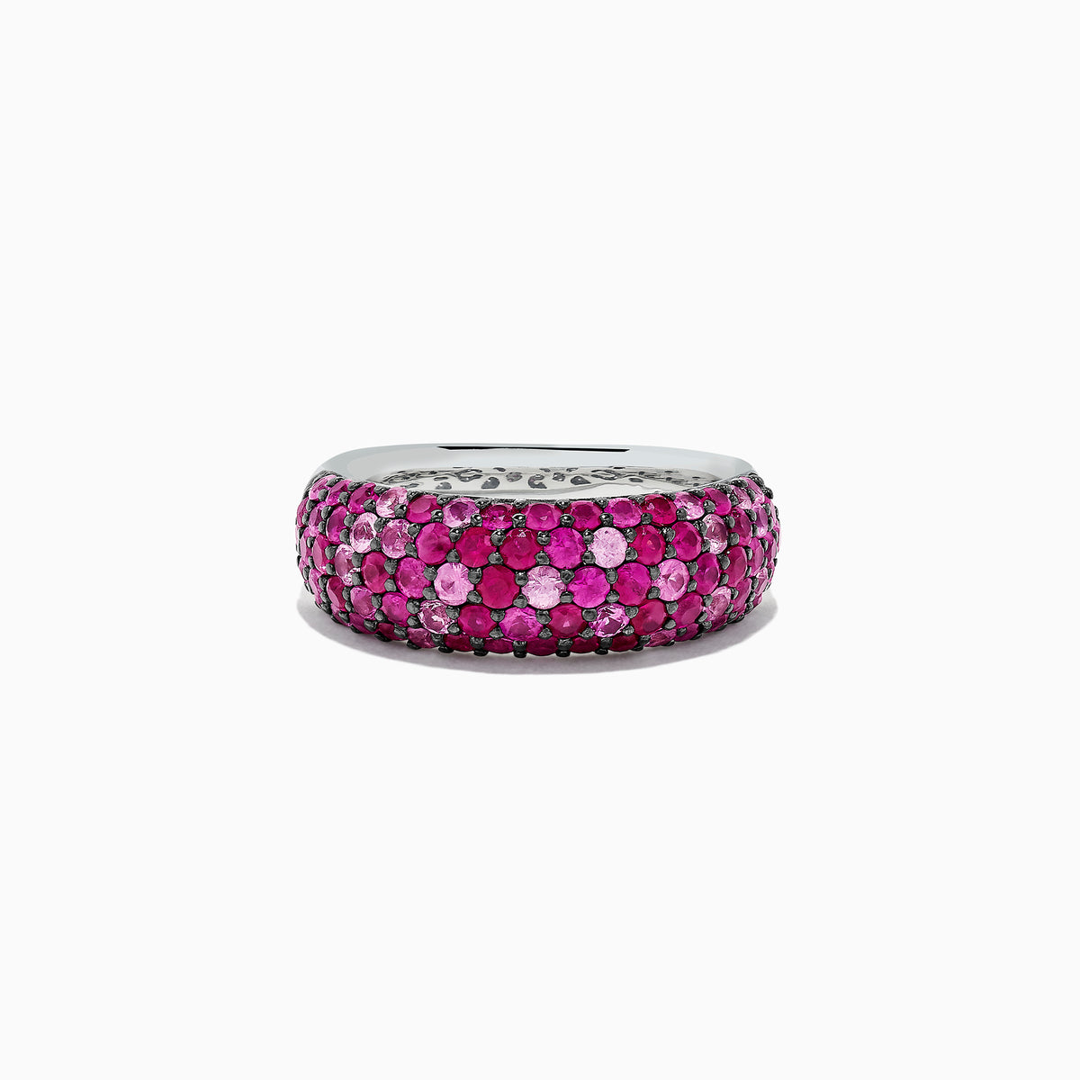 The 925 Sterling Silver Pink Sapphire Splash Ring, 2.43 TCW, features three rows of small, round pink sapphires set closely together around the band.