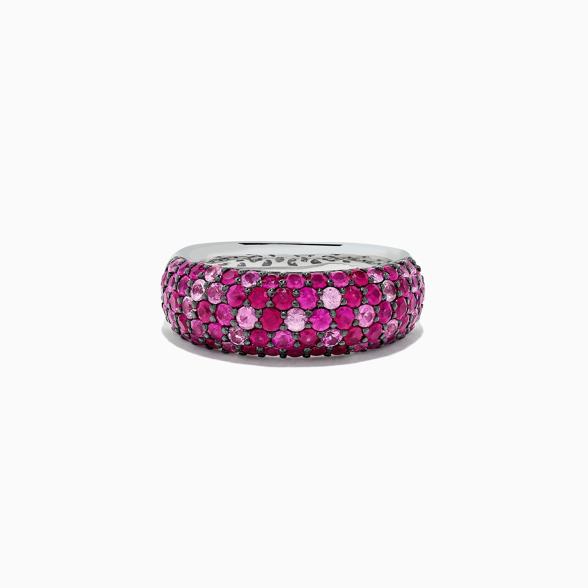 The 925 Sterling Silver Pink Sapphire Splash Ring, 2.43 TCW, features three rows of small, round pink sapphires set closely together around the band.