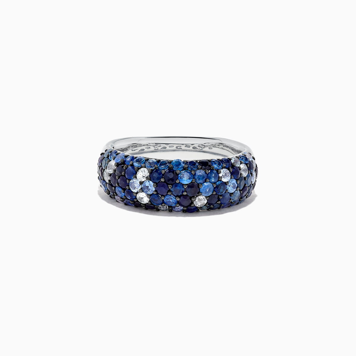 The 925 Sterling Silver Blue and White Sapphire Splash Ring, 2.42 TCW, features clustered blue and white sapphires set in sterling silver, shown against a plain white background.