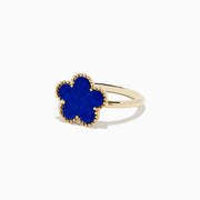 The Novelty 14K Yellow Gold Lapis Flower Ring features a four-leaf clover lapis stone center with gold bead accents, shown on a white background.