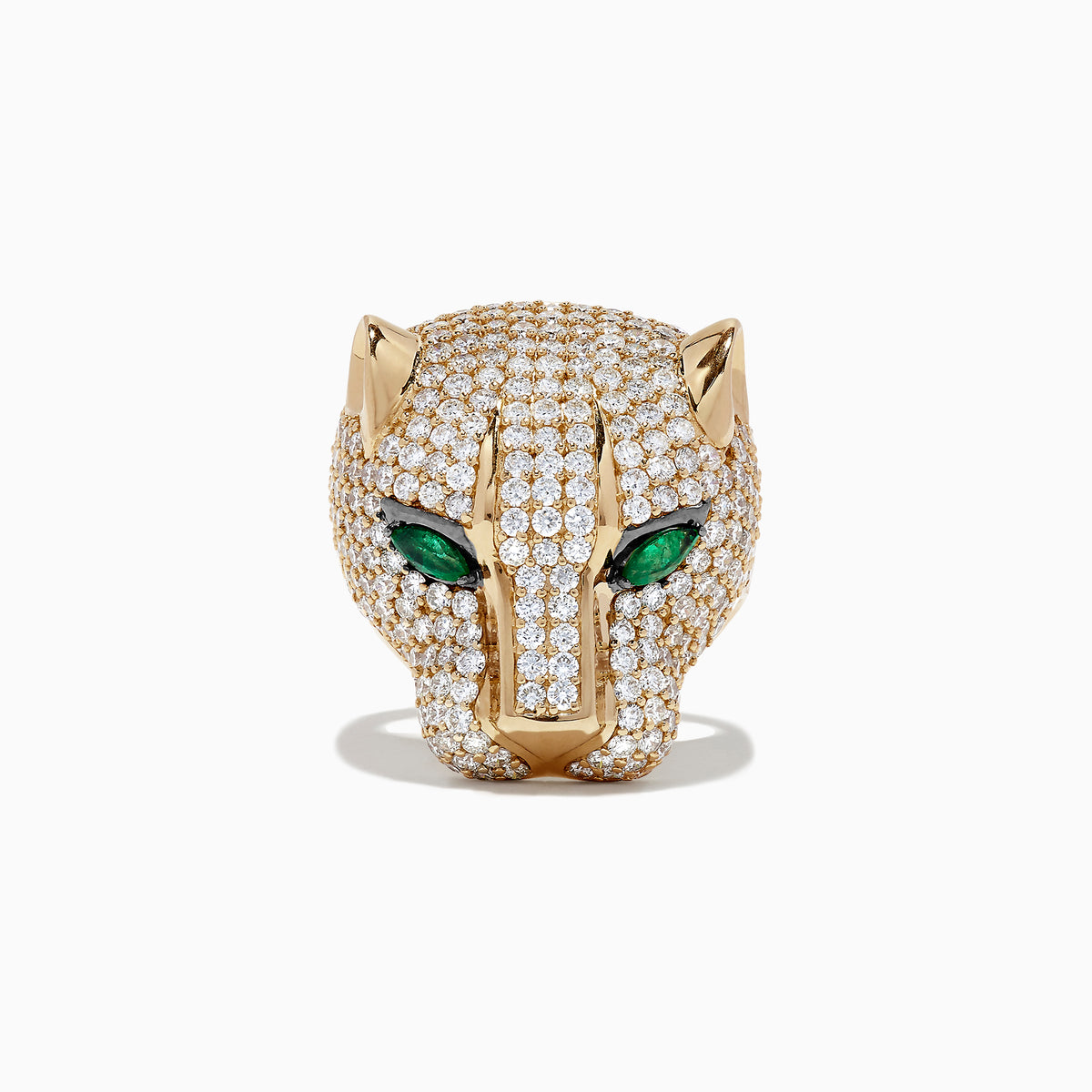 The Limited Edition 14K Yellow Gold Diamond Panther Head Ring, 3.80 TCW, features a panther’s head adorned with diamonds and striking green gemstone eyes, displayed against a plain white background.