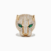 The Limited Edition 14K Yellow Gold Diamond Panther Head Ring, 3.80 TCW, features a panther’s head adorned with diamonds and striking green gemstone eyes, displayed against a plain white background.