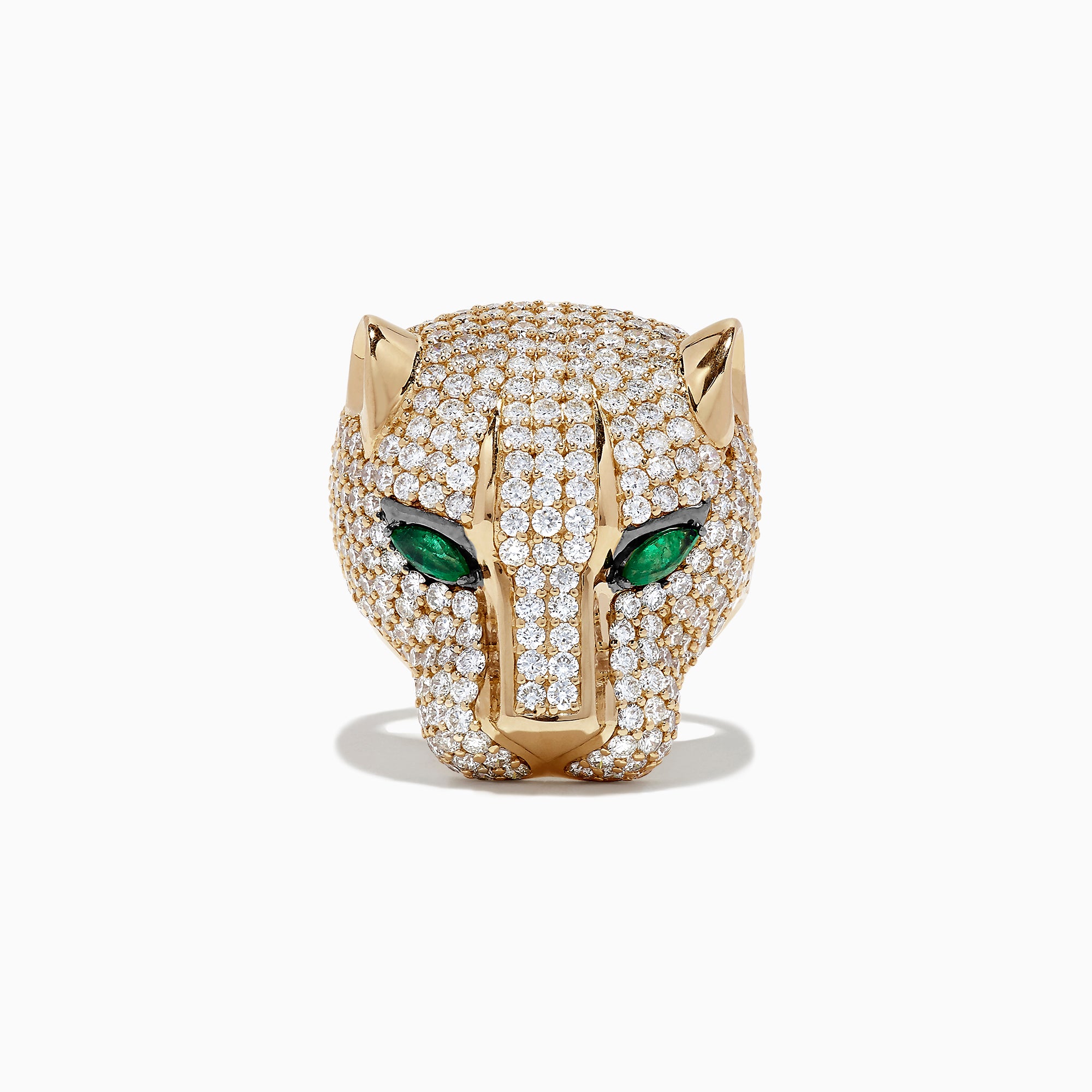 The Limited Edition 14K Yellow Gold Diamond Panther Head Ring, 3.80 TCW, features a panther’s head adorned with diamonds and striking green gemstone eyes, displayed against a plain white background.