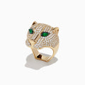 The Limited Edition 14K Yellow Gold Diamond Panther Head Ring, 3.80 TCW, features a panther’s head adorned with diamonds and striking green gemstone eyes, displayed against a plain white background.