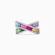 The Watercolors 14K White Gold Multi Sapphire and Diamond Ring, 2.63 TCW features two crisscrossed rows of square-cut sapphires bordered by sparkling diamonds, all set in pristine white gold.
