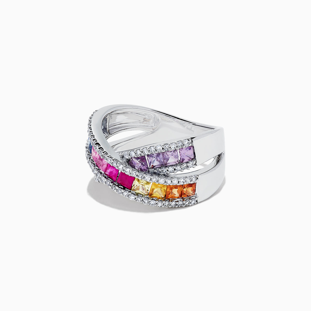The Watercolors 14K White Gold Multi Sapphire and Diamond Ring, 2.63 TCW features two crisscrossed rows of square-cut sapphires bordered by sparkling diamonds, all set in pristine white gold.