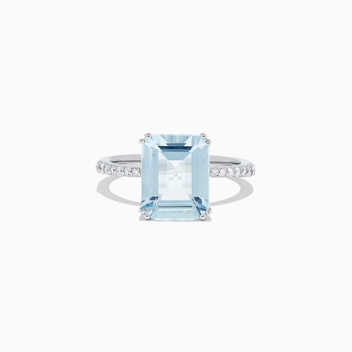 The Aquarius 14K White Gold Aquamarine and Diamond Ring (3.96 TCW) showcases a large rectangular aquamarine center stone, accented by small white diamonds along its slim white gold band.