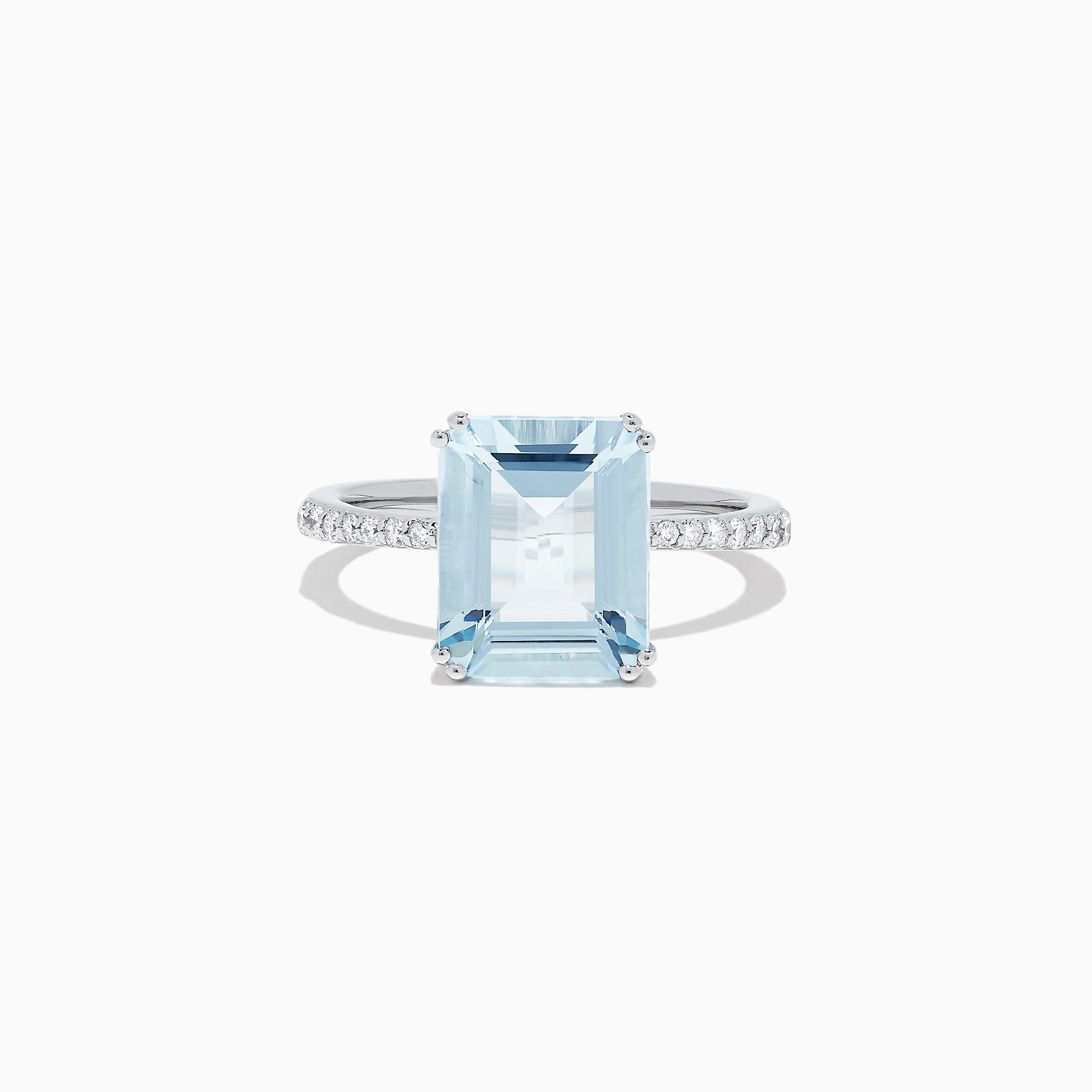 The Aquarius 14K White Gold Aquamarine and Diamond Ring (3.96 TCW) showcases a large rectangular aquamarine center stone, accented by small white diamonds along its slim white gold band.