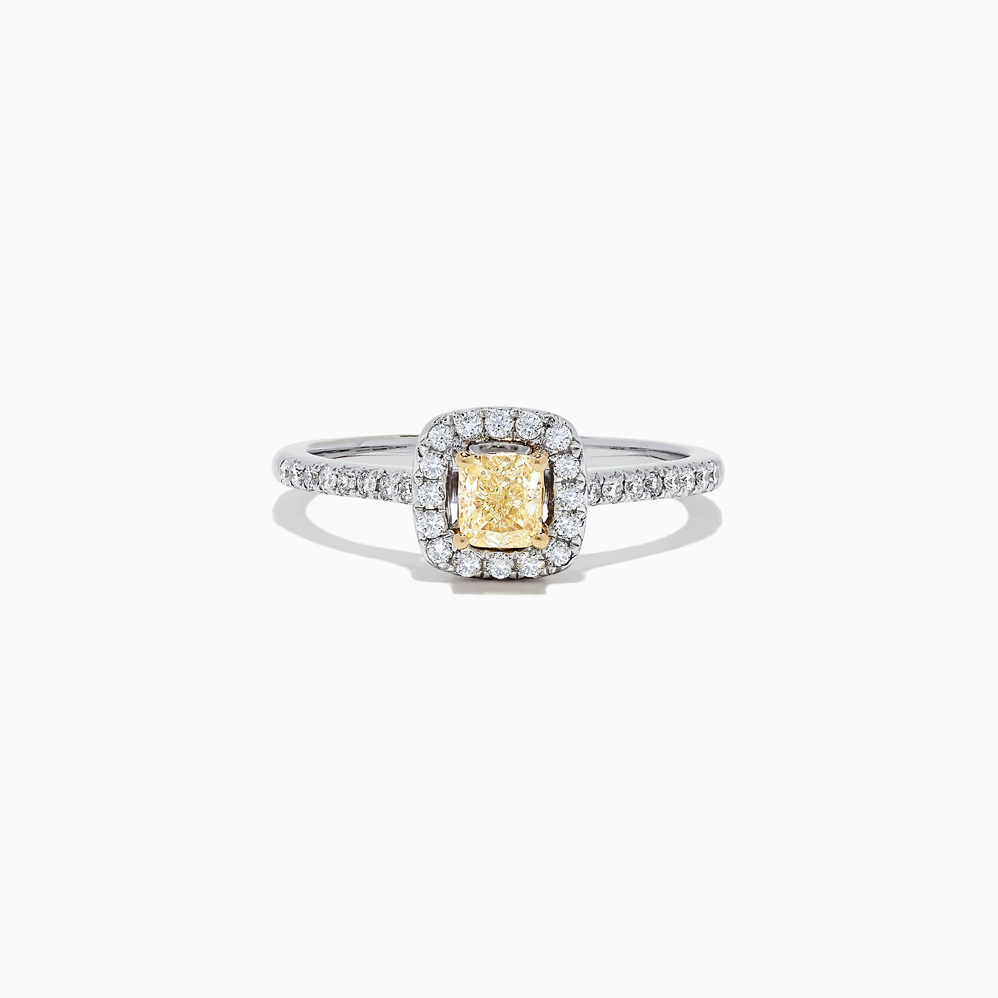 The Canare 18K Two-Tone Gold Cushion Halo Yellow Diamond Ring features a 0.61 TCW square yellow diamond center, surrounded by a halo of clear diamonds and additional diamonds on the band.
